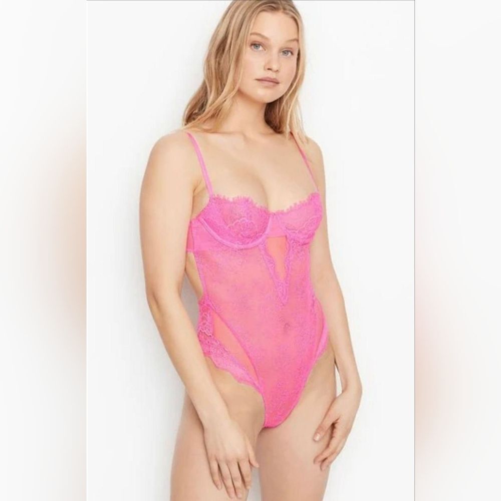 Victoria's Secret Hot Pink Lace Teddy Bodysuit Size Small